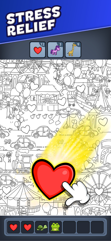 Triple Match City - Gameplay-Bildschirm von Triple Match City, der eine Wimmelbild-Schatzsuche in einer Jahrmarktszene mit Schwerpunkt auf Stressabbau zeigt.