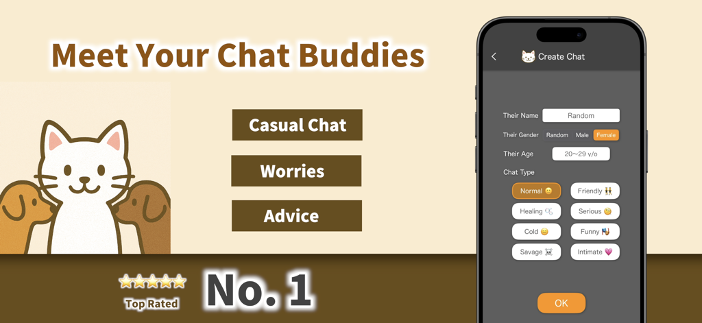 A smartphone screen displaying customization options for an AI chat buddy including age and personality traits