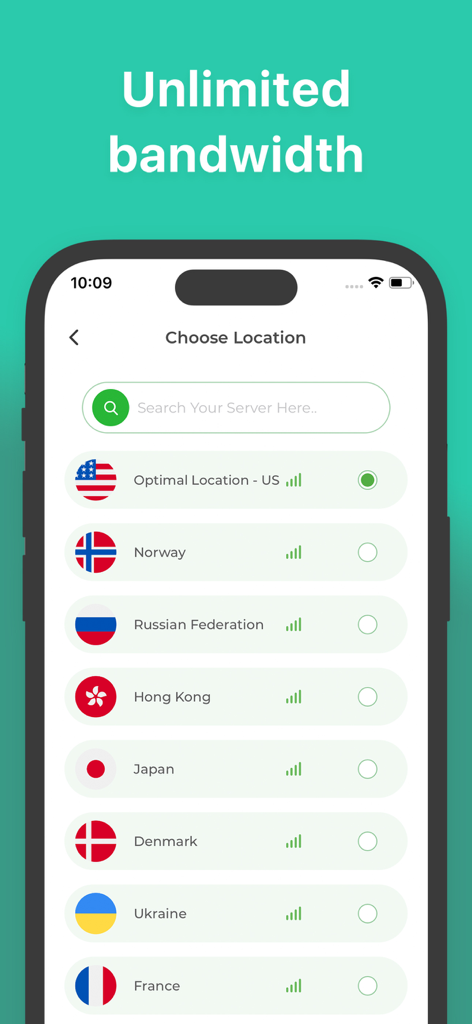 App VPN - Super Fast Unlimited - App VPN 모바일 애플리케이션에서 무제한 대역폭 텍스트와 함께 전 세계 서버 위치를 보여주는 인터페이스