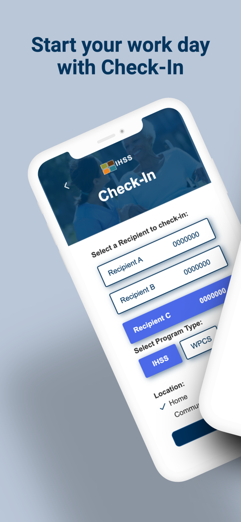 IHSS EVV Mobile App - IHSS EVV mobile app check-in screen for California caregivers