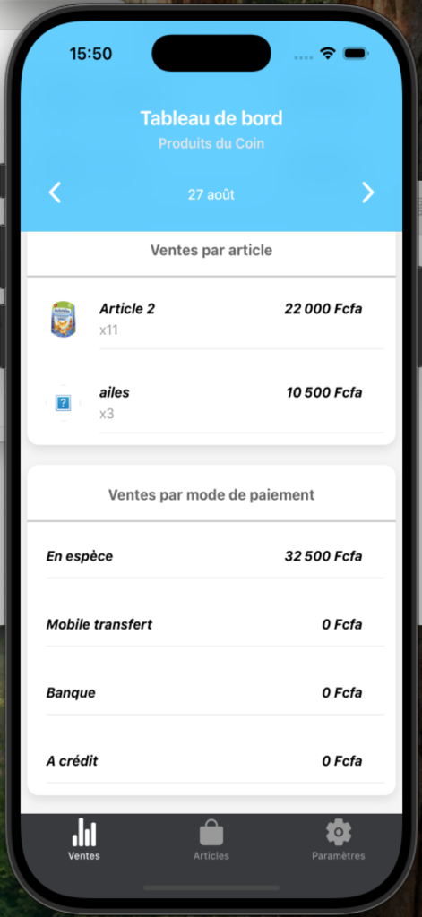 Gesta+ Tableau de bord - Interfaz de la aplicación móvil Gesta plus que muestra las ventas por artículo y los métodos de pago.