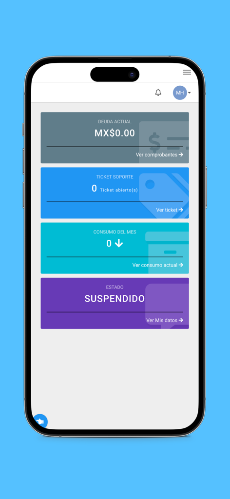 Netmas - Netmas app dashboard showing current debt, support tickets, monthly data consumption, and service status.