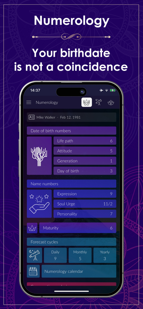 Numerology Rediscover Yourself - Interfaz de la aplicación de numerología que muestra números personalizados del camino de vida y del destino
