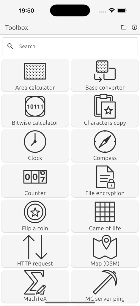 Cuadrícula de iconos de utilidad en el menú de la aplicación Toolbox, incluyendo calculadoras y herramientas de red