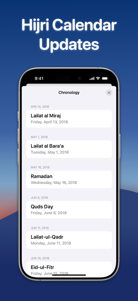 A smartphone screen showing the Hijri calendar chronology with Islamic holidays like Ramadan and Eid in the Athan Pro app.