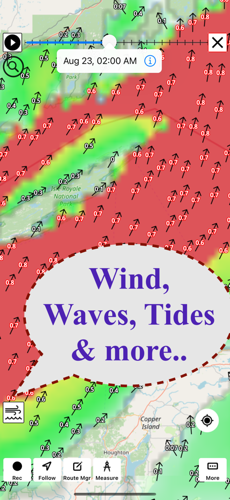 A marine weather app map displaying wind and wave forecasts with directional arrows and color coded intensity overlays
