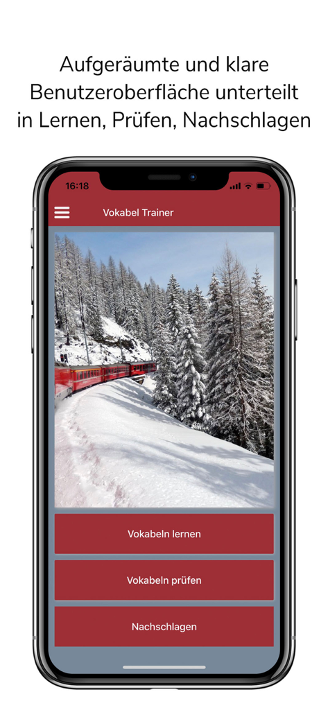 Menu principal do aplicativo Vokabeltrainer Sursilvan mostrando opções de aprendizado, teste e consulta com uma imagem cênica de trem alpino suíço