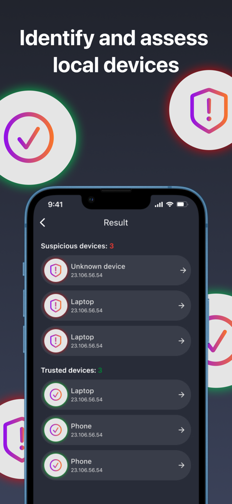 Interface of Spy Device Detector app showing a list of suspicious and trusted devices identified during a network scan.