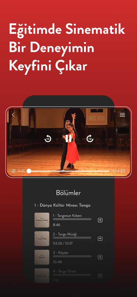 Neo Skola app interface displaying a cinematic video lesson on Tango and a course chapter list