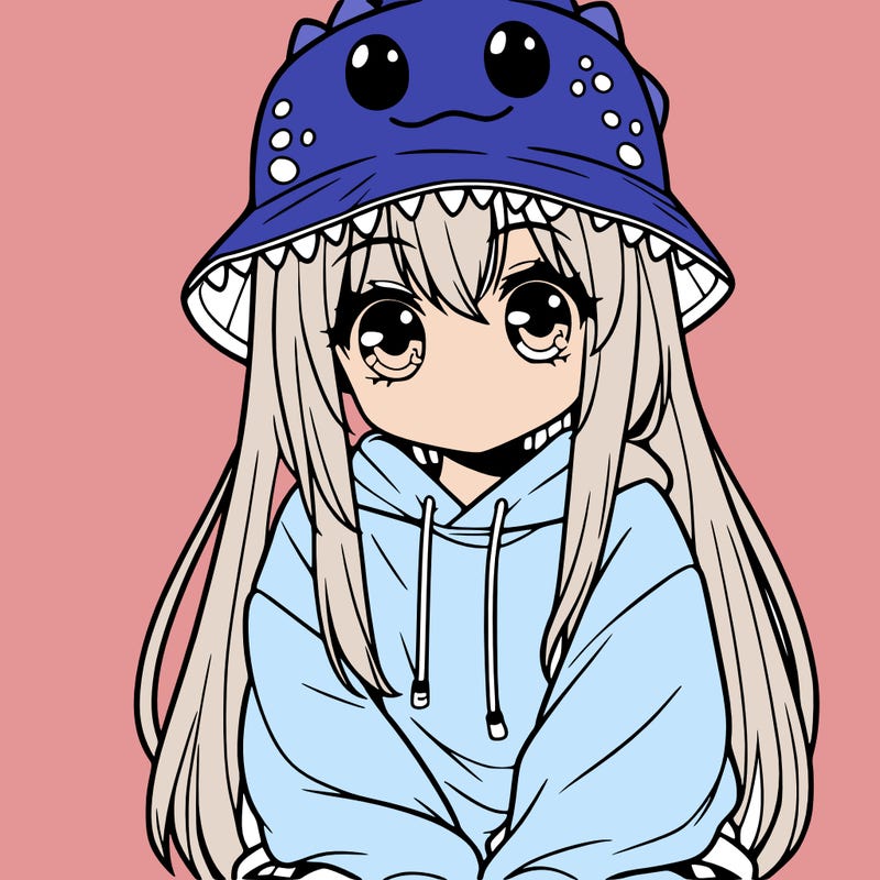 girl with anime shaped eyes with a dinosaur bucket hat oversized sweatshirt long straight hair