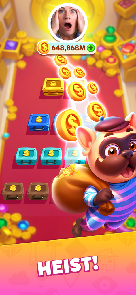 Carnival Tycoon: Coin Games - Personaje de perro de dibujos animados robando monedas en la función de atraco de Carnival Tycoon.