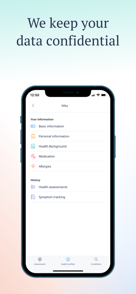 Ada – check your health - Ada health app screenshot highlighting data confidentiality and personal health profile management