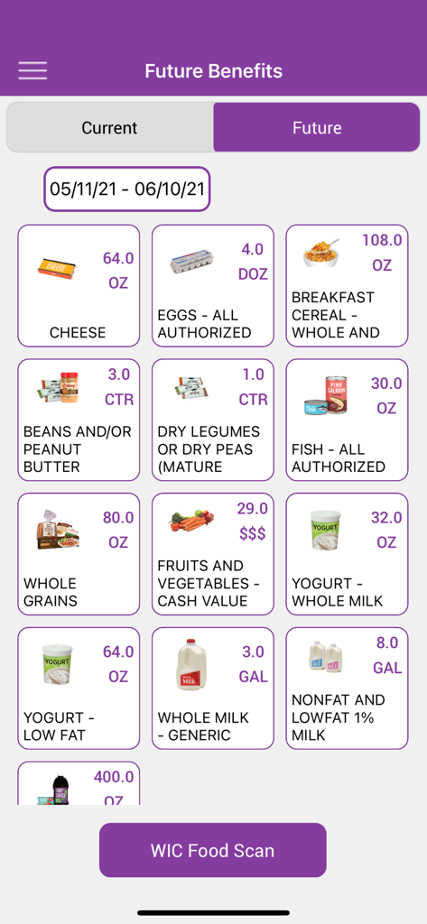California WIC App - カリフォルニアWICアプリの将来の特典画面。特定の期間の食品カテゴリとその利用可能な数量のリストが表示されています。