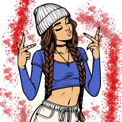 realistic teenage girl with braids and a beanie and crop top doing 🫶🏼