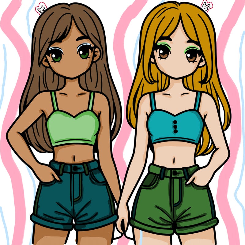 two sisters with crop tops and jean shorts and straight hair
