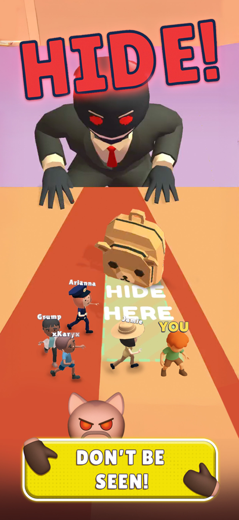 Hunt & Seek - A group of players running to hide from a giant dark seeker in the Hunt and Seek mobile game.