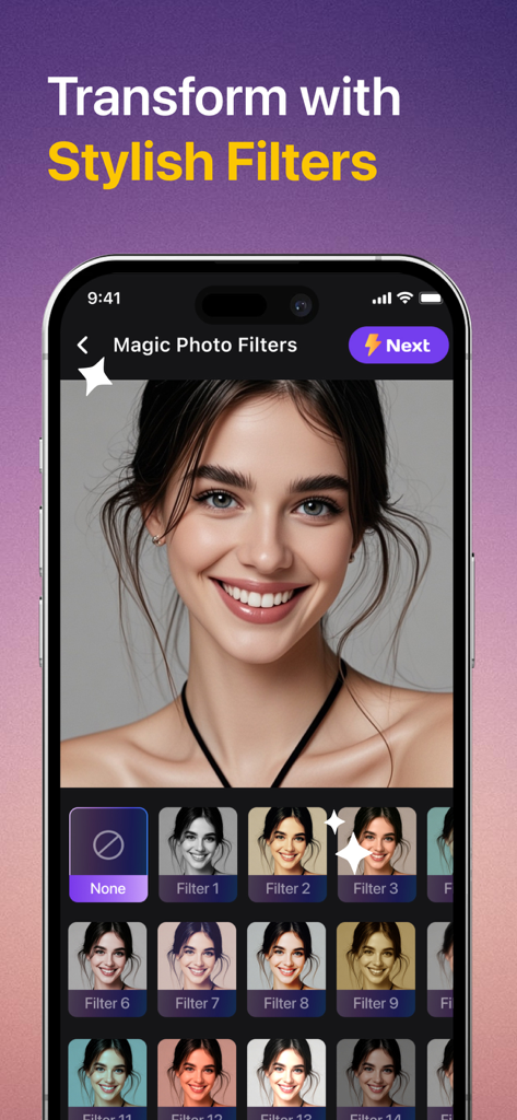SnapEdit AI - A mobile app interface showing a portrait of a woman with several stylish photo filters to choose from