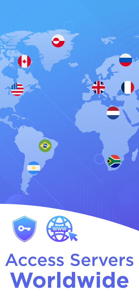 VPN for iPhone:Super VPN Proxy - Un mapa mundial con banderas que indican ubicaciones de servidores globales para la app Super VPN Proxy.