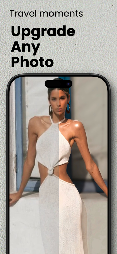 Pecra: Pro Camera Finish - A before and after comparison showing a travel photo being upgraded with professional lighting and detail in the Pecra app.