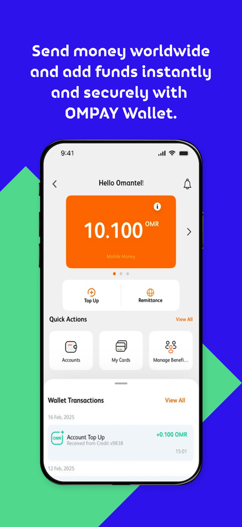 Omantel - Bildschirm der Omantel-App, der das OMPAY-Wallet-Guthaben und Überweisungsoptionen anzeigt