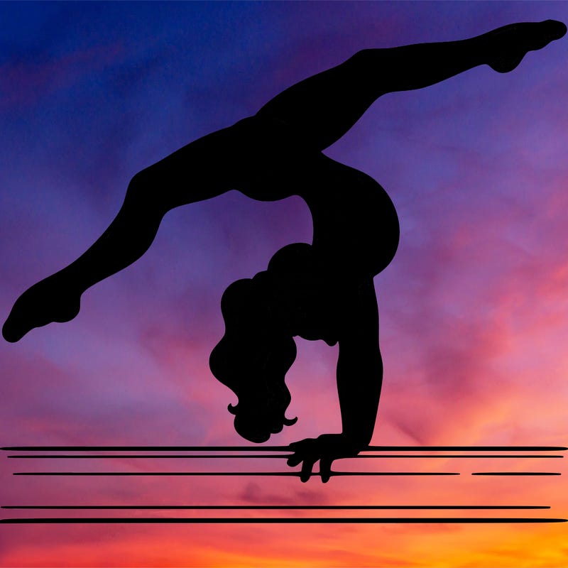 gymnast doing split handstand on a beam