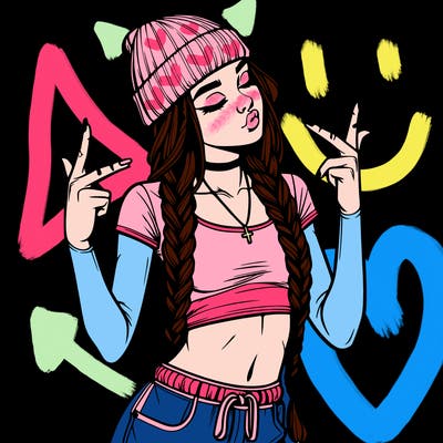 realistic teenage girl with braids and a beanie and crop top doing 🫶🏼