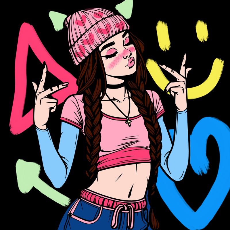 realistic teenage girl with braids and a beanie and crop top doing 🫶🏼