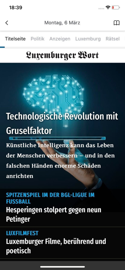 Wort E-Paper - Digitale Titelseite der Zeitung Luxemburger Wort in der mobilen App