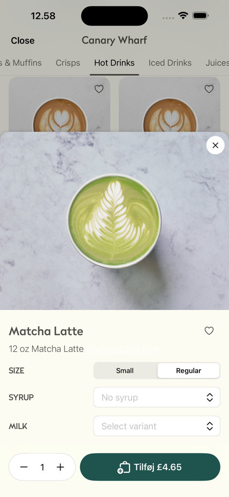 Écran de l'application mobile pour commander et personnaliser un Matcha Latte à la boulangerie Ole and Steen