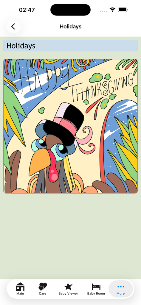 Baby Adopter Holidays - Happy Thanksgiving illustration with a turkey in a top hat from the Baby Adopter Holidays app