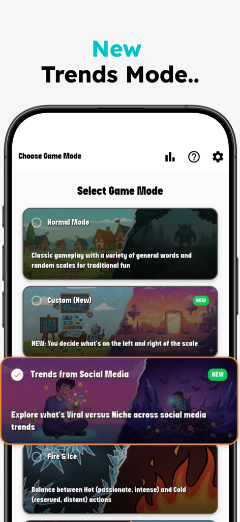 The game mode selection screen for Perfect Match Headsynch highlighting the Trends from Social Media mode.