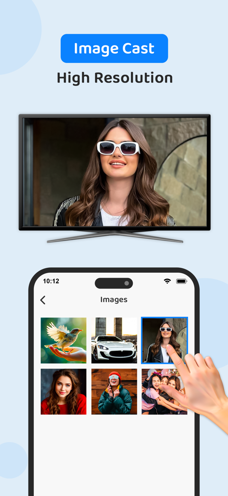 Screen Mirroring Cast to TV - Pantalla de iPhone transmitiendo una foto de alta resolución de una mujer a un televisor inteligente usando la aplicación TVPlay