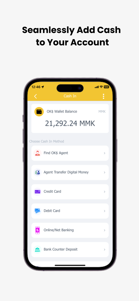 OK$ - Schermata dell'app mobile OK Dollar che mostra vari metodi di ricarica come carta di credito e deposito bancario