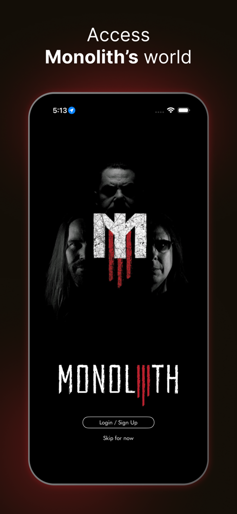 Schermata di benvenuto dell'app Monolith Official che mostra i membri della band e le opzioni di accesso