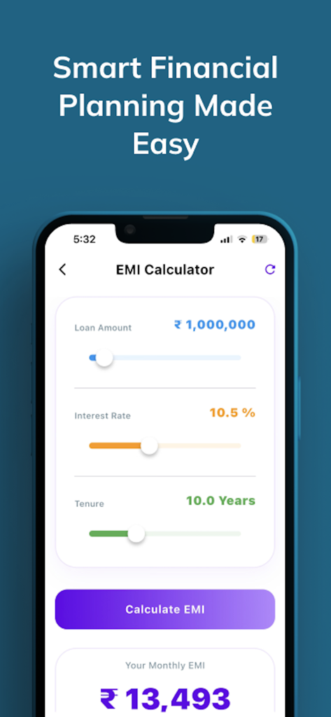 Instant Loan Calc : Planner - Pantalla de calculadora de EMI en la aplicación Calculadora de Préstamos Instantáneos mostrando deslizadores de monto del préstamo y tasa de interés.