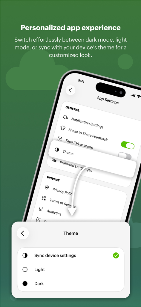 Site24x7 - Una interfaz móvil para Site24x7 que muestra opciones de selección de tema, incluyendo modo oscuro, modo claro y sincronización con el dispositivo.