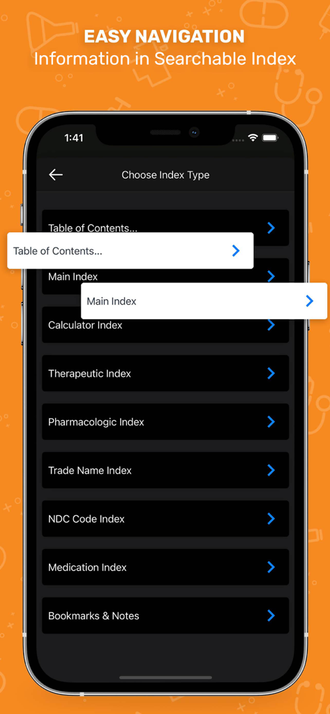 Nurse’s Drug Handbook - Searchable index menu in the Nurses Drug Handbook app showing navigation options like Table of Contents and Pharmacologic Index