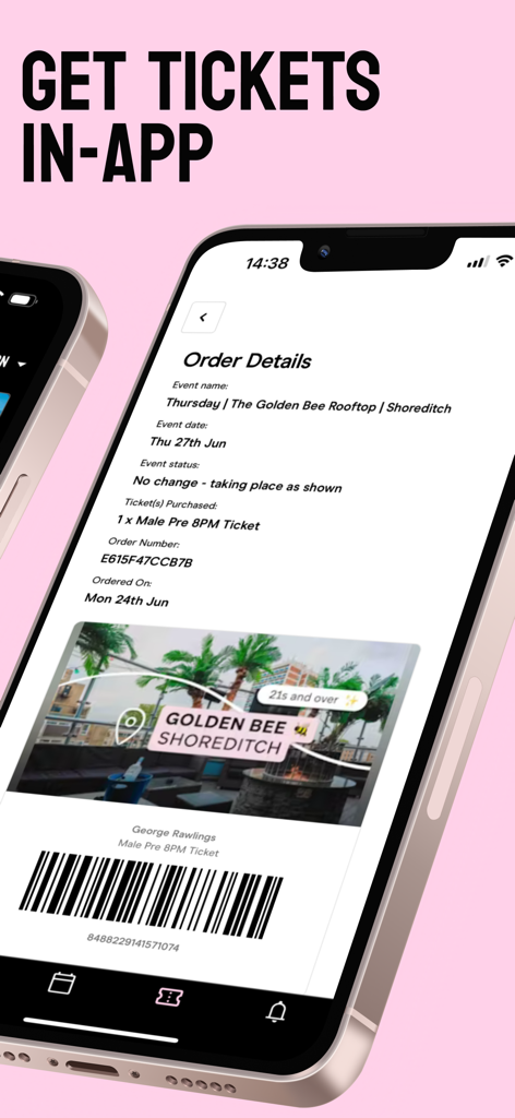 Ein Smartphone, das den Bestellübersichtsbildschirm der Donnerstags-Events-App mit einem digitalen Ticket und Barcode für ein Event in einer Dachterrassen-Bar anzeigt