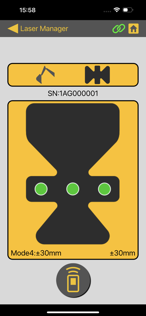 Interface do aplicativo móvel Topcon Laser Manager exibindo monitoramento de nivelamento em tempo real e status para um receptor de laser.