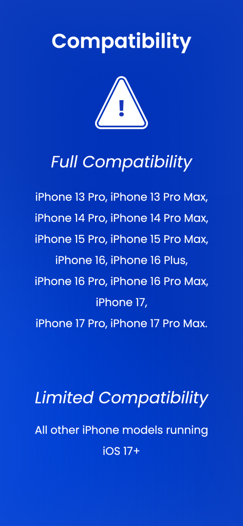 List of compatible iPhone models for the Macroscope Cam app including Pro versions from 13 to 17.