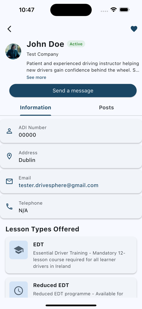 DriveSphere - A profile page for a driving instructor on the DriveSphere app displaying their bio, contact information, and lesson types offered.