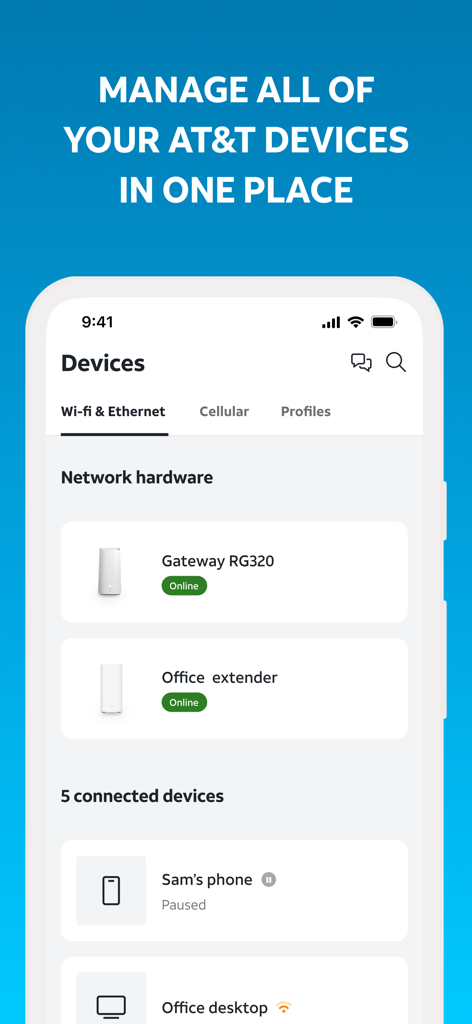 myAT&T app interface displaying a list of connected network hardware and mobile devices