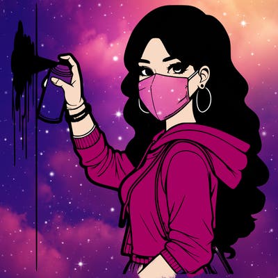 realistic girl with mask spray painting a wall