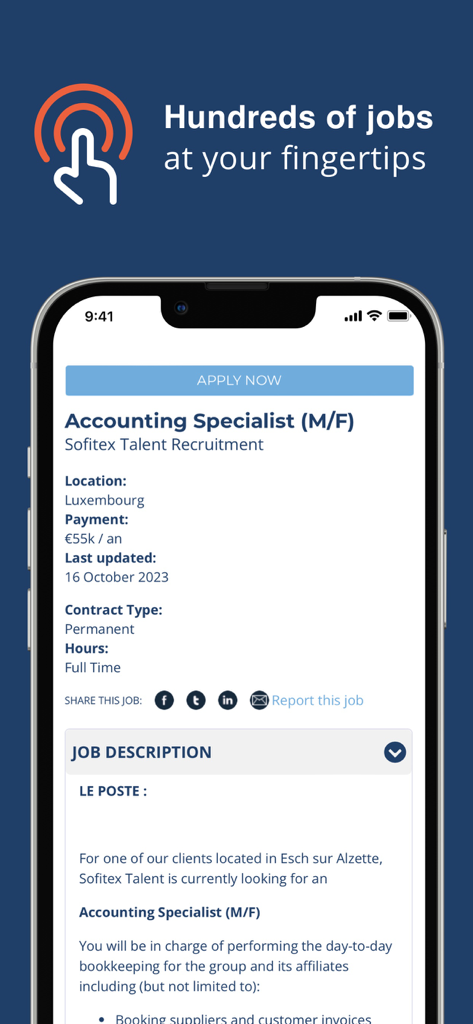 jobs.lu – Job Search App - Ein Smartphone-Bildschirm, der eine detaillierte Stellenanzeige für einen Buchhaltungsspezialisten in Luxemburg in der jobs.lu-App anzeigt