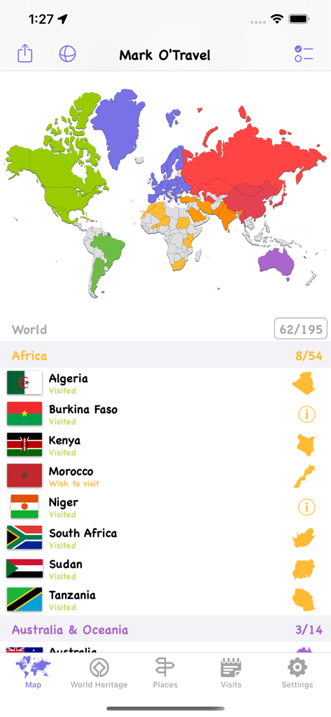 Mark O'Travel app world map showing visited countries and travel statistics.