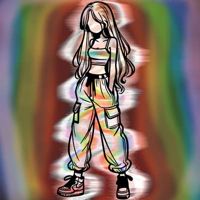 girl in baggy pants crop top and long hair