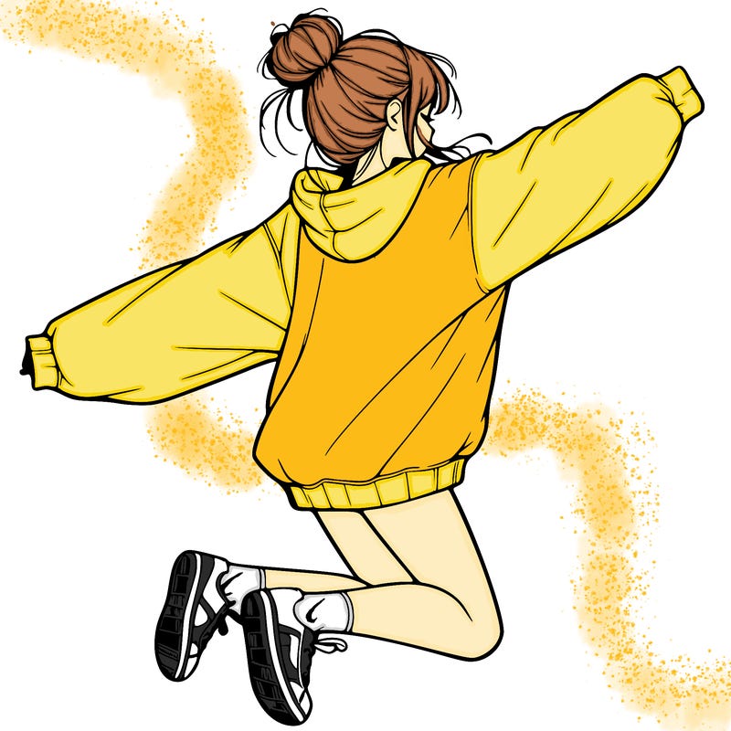realistic girl jumping with a bun and oversized sweatshirt