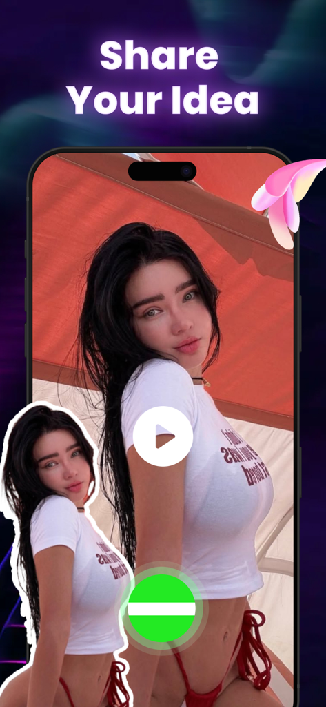 A mobile app interface displaying the text Share Your Idea with a video playback feature
