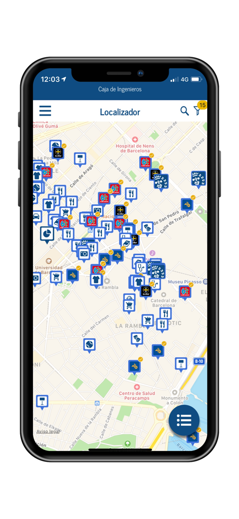 Mapa localizador de la aplicación de banca móvil de Caja Ingenieros que muestra varios iconos de servicios en una ciudad.