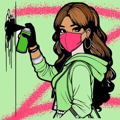 realistic girl with mask spray painting a wall
